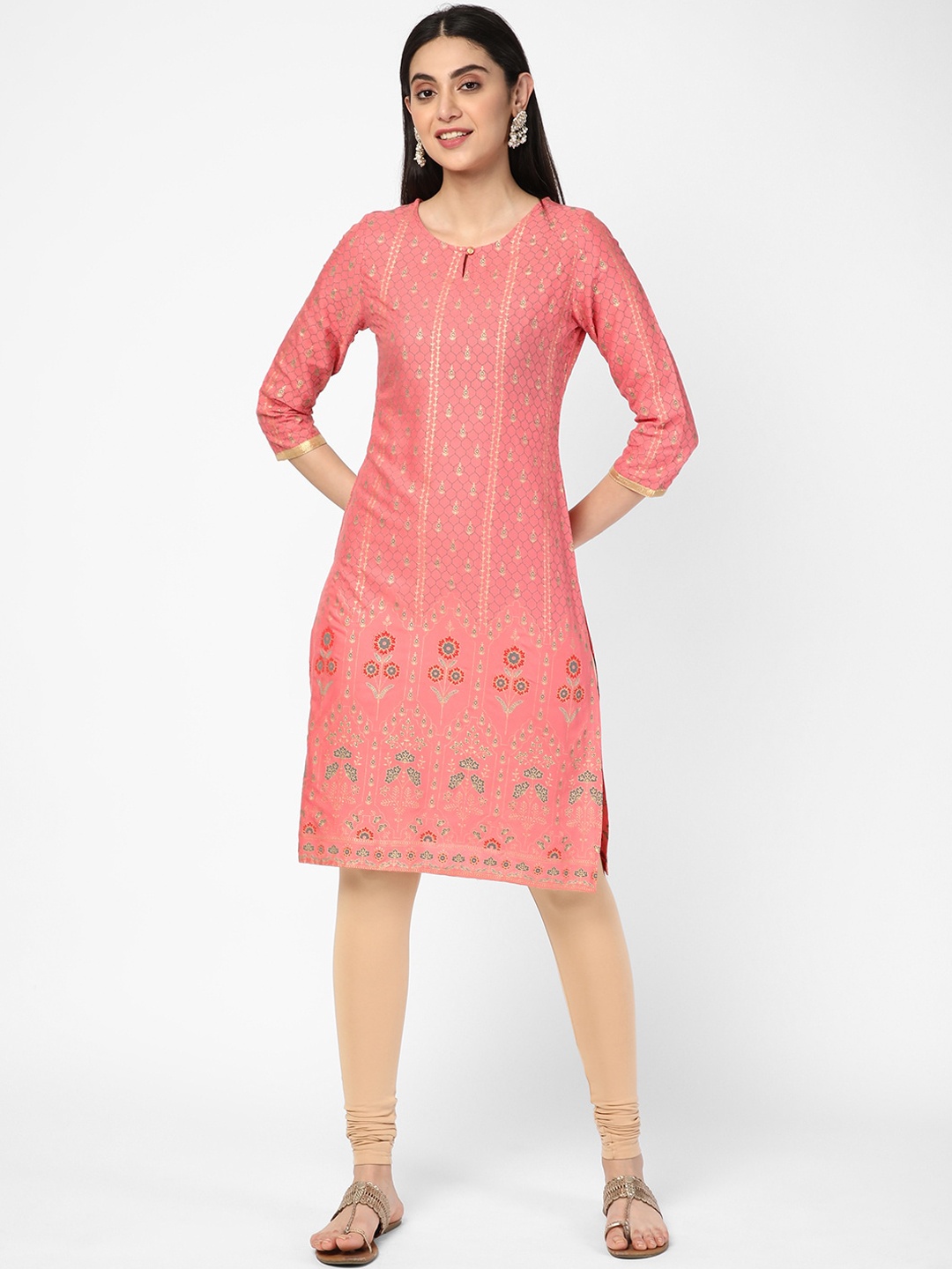 

R&B Women Peach-Coloured Ethnic Motifs Embroidered Keyhole Neck Thread Work Kurta
