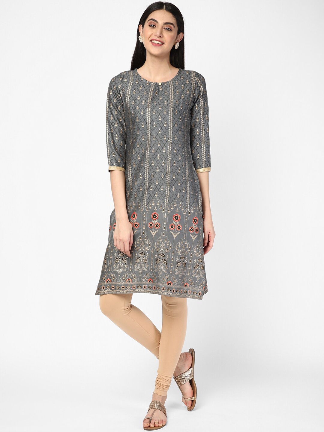 

R&B Women Grey Ethnic Motifs Printed Extended Sleeves Mirror Work Kurta