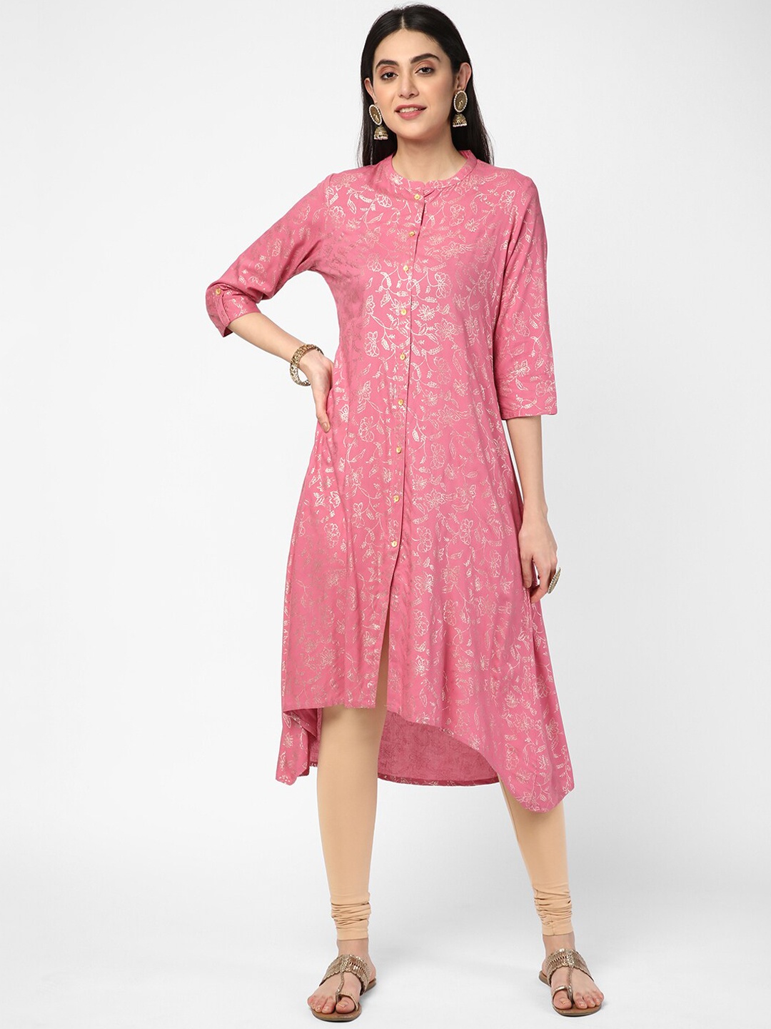 

R&B Women Pink Ethnic Motifs Printed Keyhole Neck Thread Work Kurta