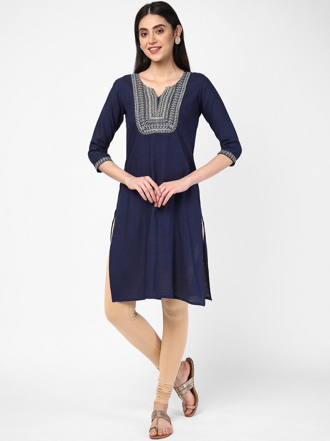 

R&B Round Neck Ethnic Motifs Embroidered Thread Work Kurta, Blue