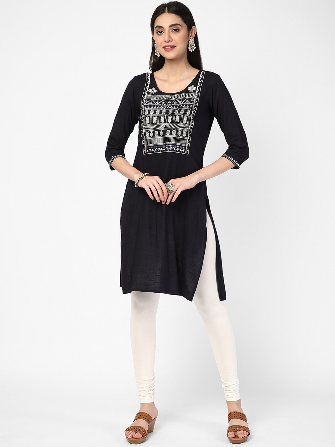 

R&B Round Neck Ethnic Motifs Embroidered Mirror Work Kurta, Blue