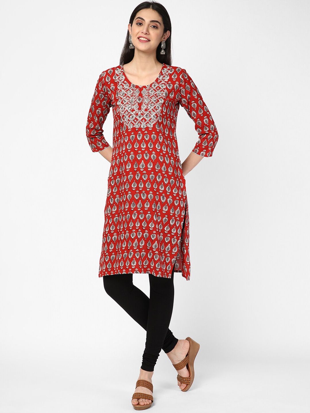 

R&B Women Cotton Ethnic Motifs Printed Thread Work Kurta, Red