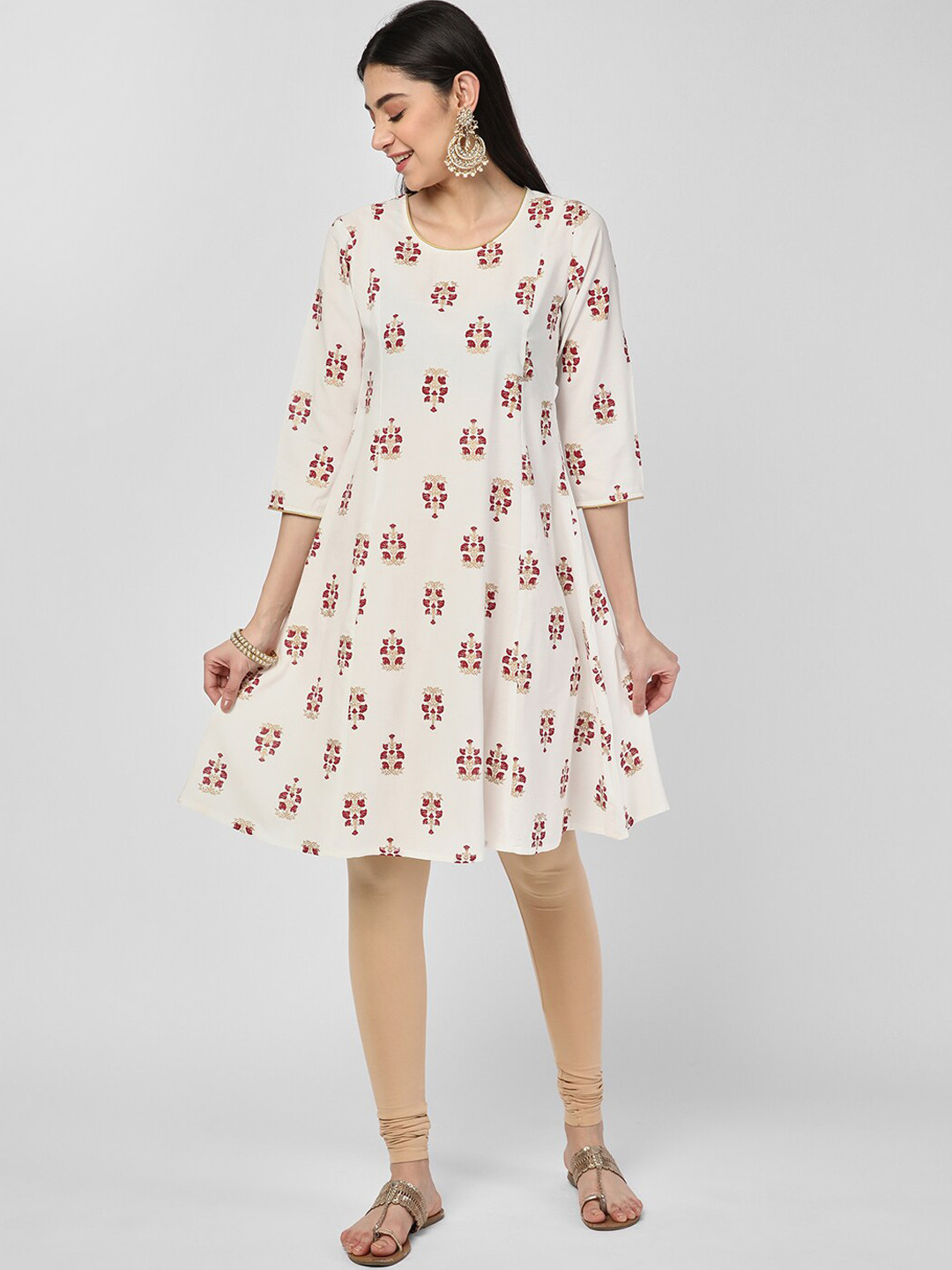 

R&B Round Neck Floral Printed Kurta, White