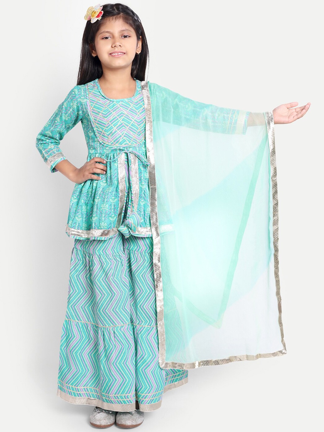 

Ka-mee Girls Floral Printed Pure Cotton Kurti with Sharara & Dupatta, Green