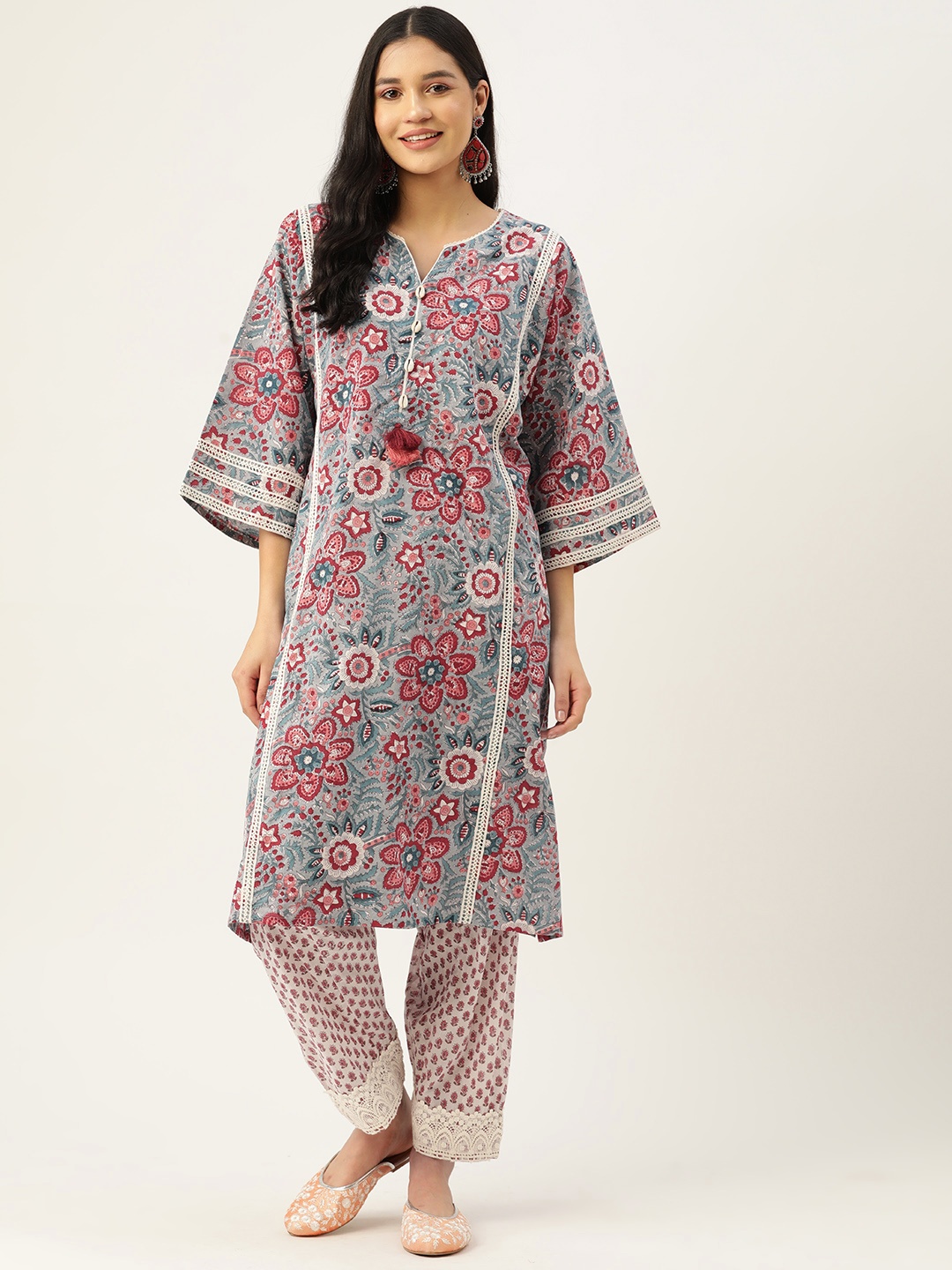 

Jaipur Morni Women Grey Floral Printed Pure Cotton Kurta with Salwar