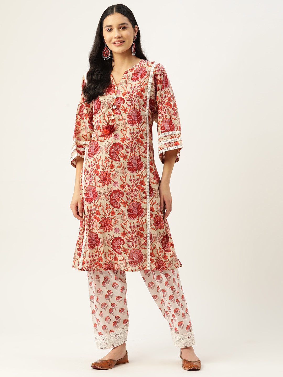 

Jaipur Morni Women Beige Floral Printed Pure Cotton Kurta with Salwar