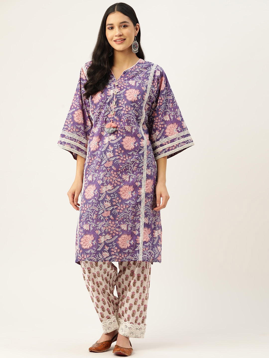 

Jaipur Morni Women Purple Floral Printed Pure Cotton Kurta with Salwar