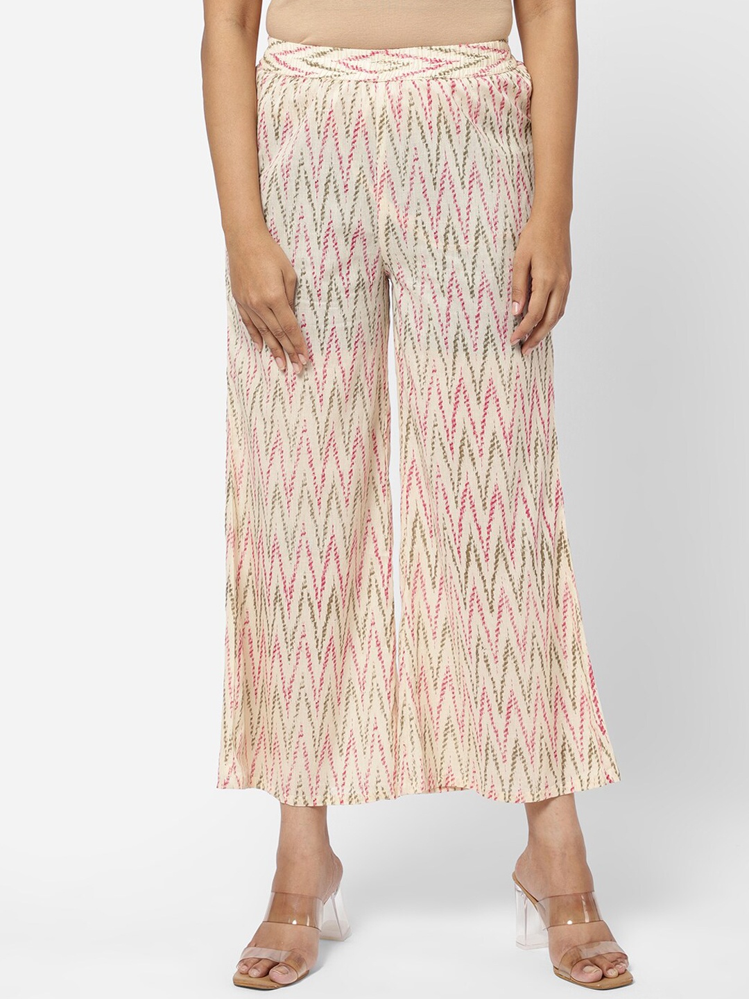 

R&B Women Printed Cotton Pleated Chinos Trousers, Beige