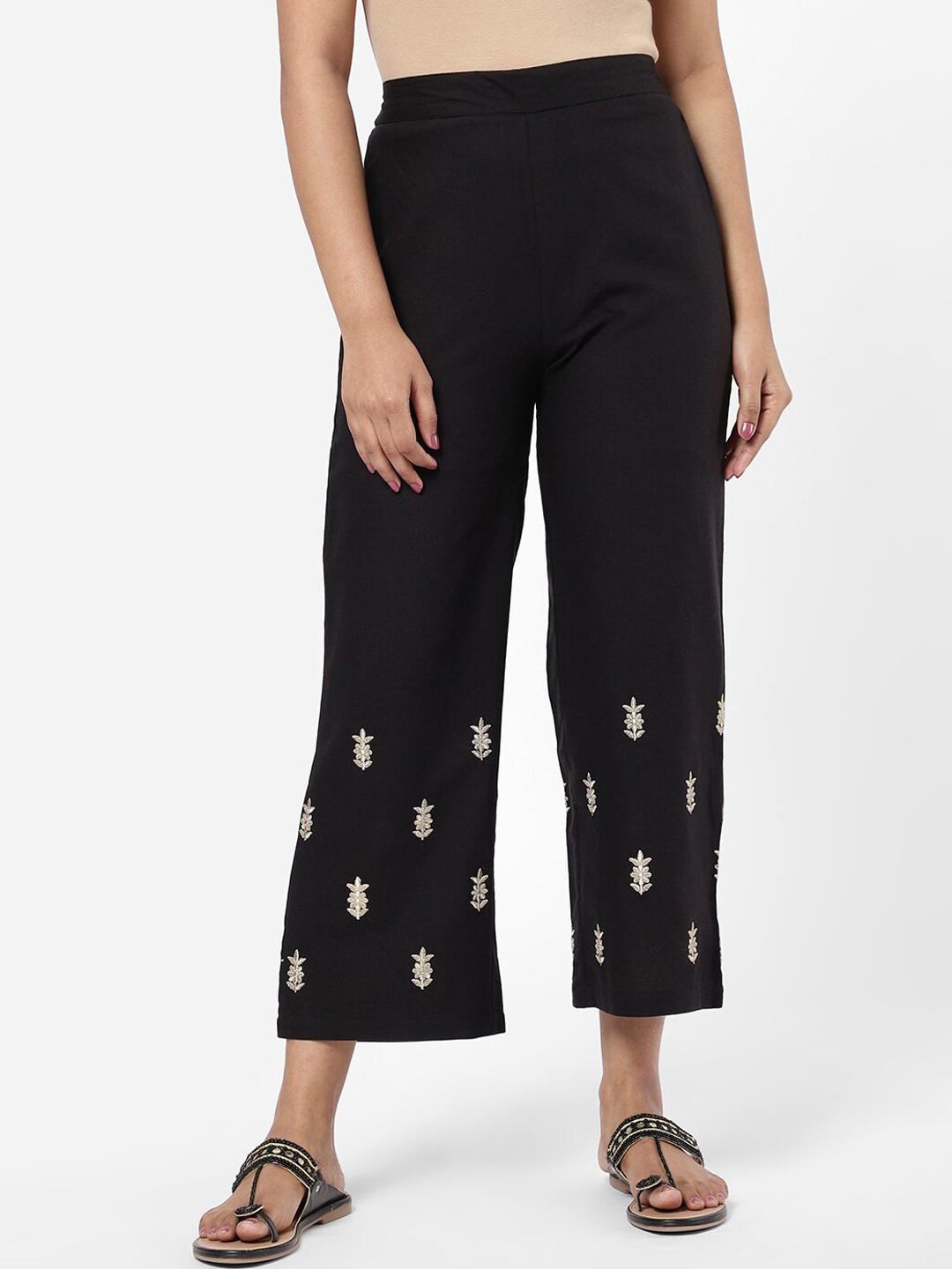 

R&B Women Floral Embroidered Cotton Trousers, Black