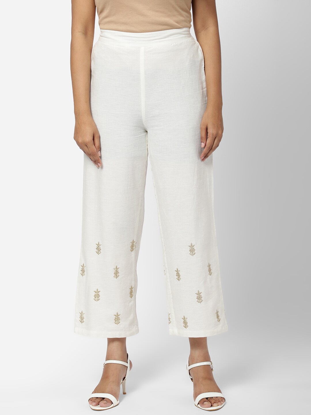 

R&B Women Floral Embroidered Trousers, White