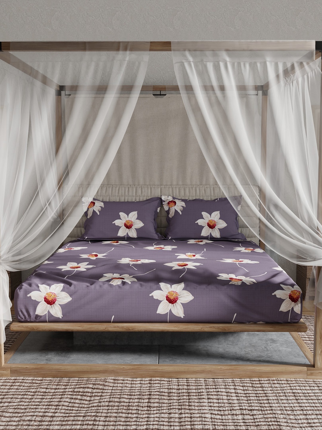 

CHHAVI INDIA Purple & White Floral 210 TC Queen Bedsheet with 2 Pillow Covers