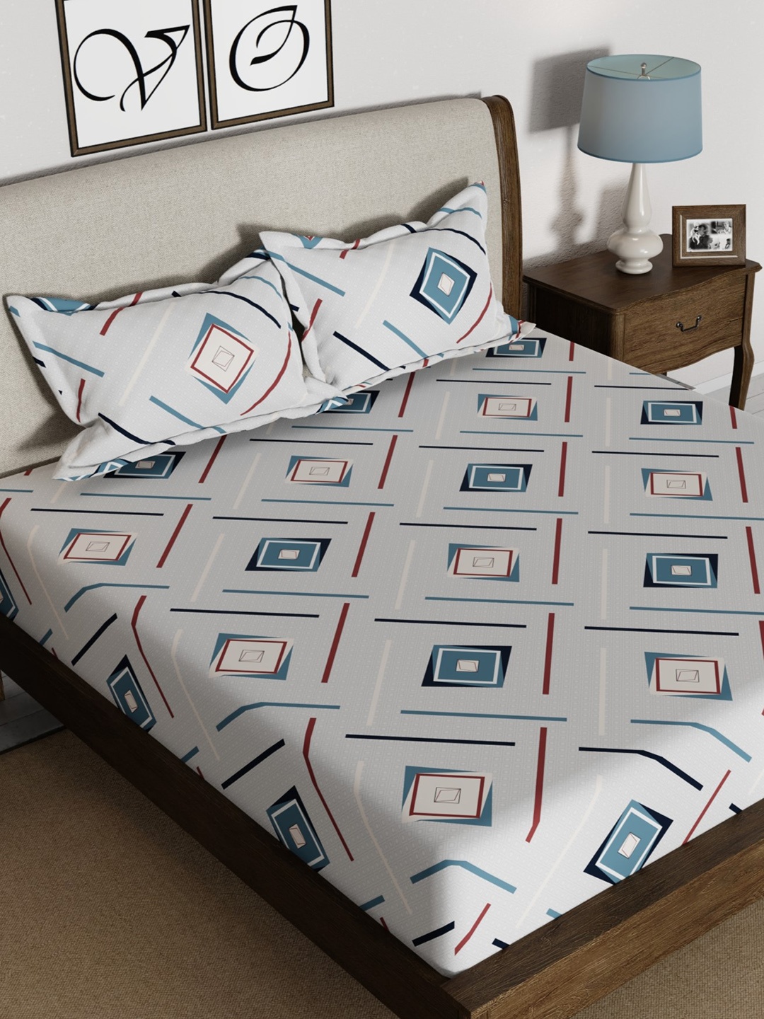 

CHHAVI INDIA Grey & Blue Geometric 210 TC Queen Bedsheet with 2 Pillow Covers