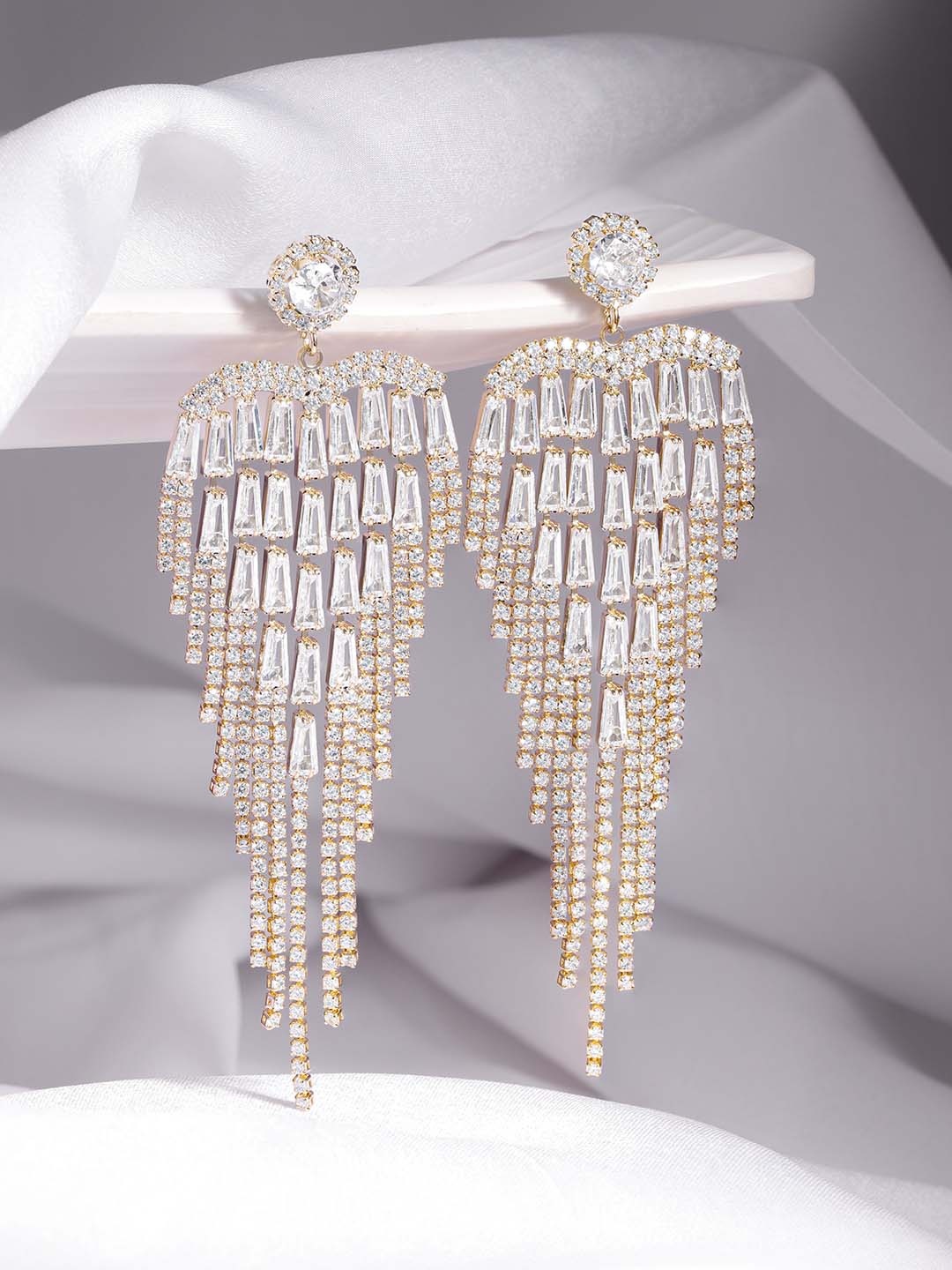 

Rubans Voguish 18K Gold Plated Cubic Zirconia Studded Multilayered Dangle Earrings, White