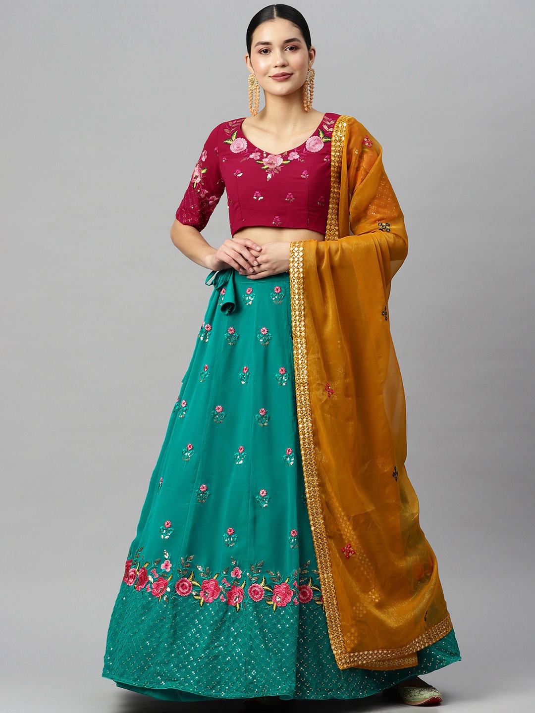 

SHUBHKALA Embroidered Sequinned Semi-Stitched Lehenga & Blouse With Dupatta, Blue