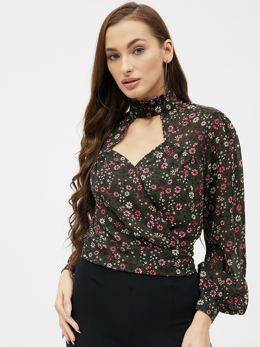Kibo Floral Printed Georgette Wrap Crop Top, Olive