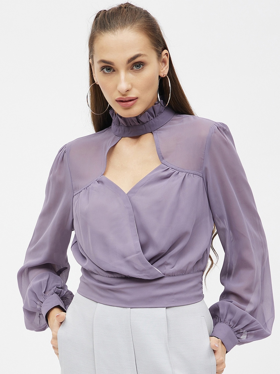 

Kibo Choker Neck Georgette Wrap Top, Violet