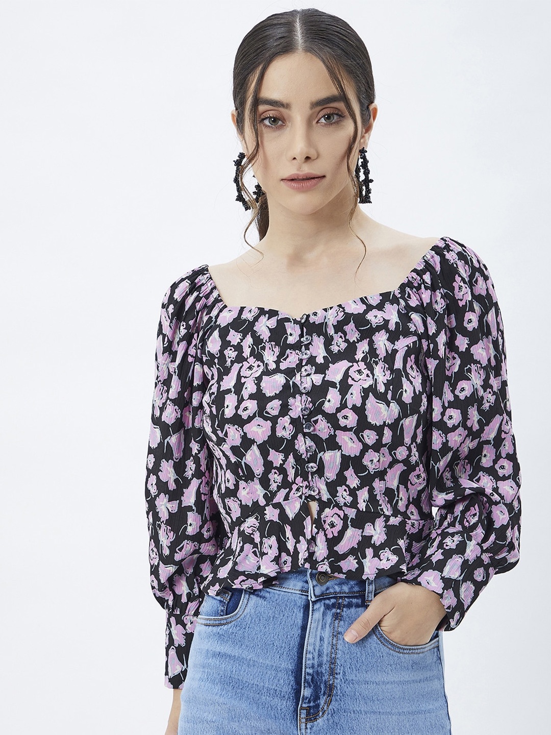 

Kibo Floral Print Crepe Top, Black