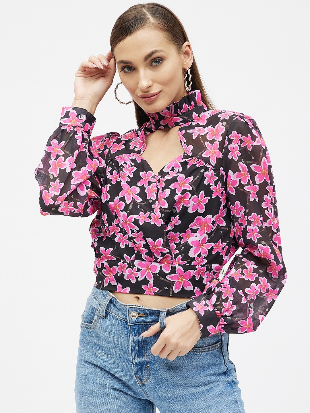 

Kibo Floral Print Choker Neck Georgette Wrap Crop Top, Black