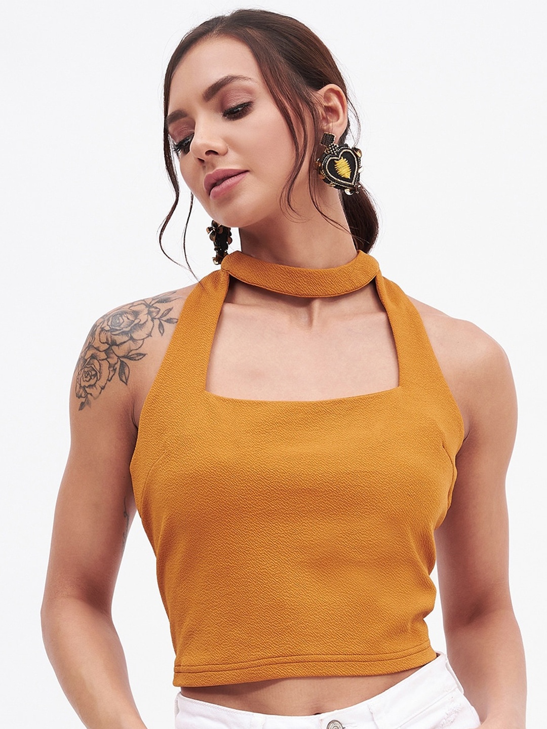 

Kibo Halter Neck Crepe Crop Top, Mustard