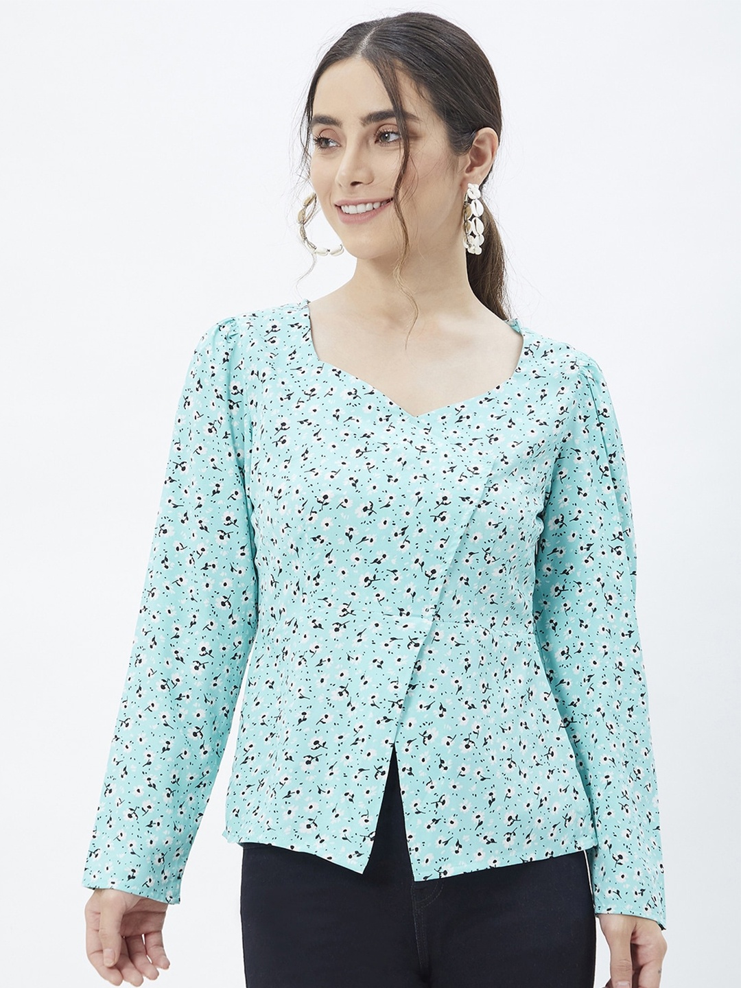 

Kibo Floral Print Sweetheart Neck Crepe Top, Sea green