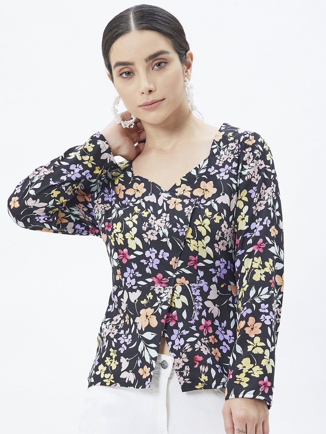 

Kibo Floral Print Sweetheart Neck Crepe Wrap Top, Black