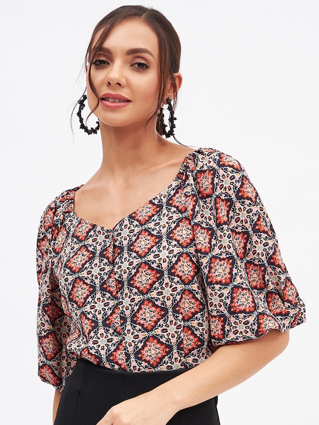 

Kibo Print Crepe Shirt Style Top, Black