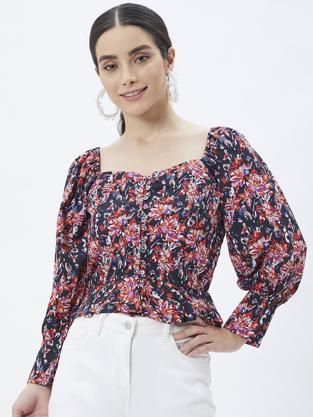 

Kibo Floral Print Sweetheart Neck Crepe Top, Black