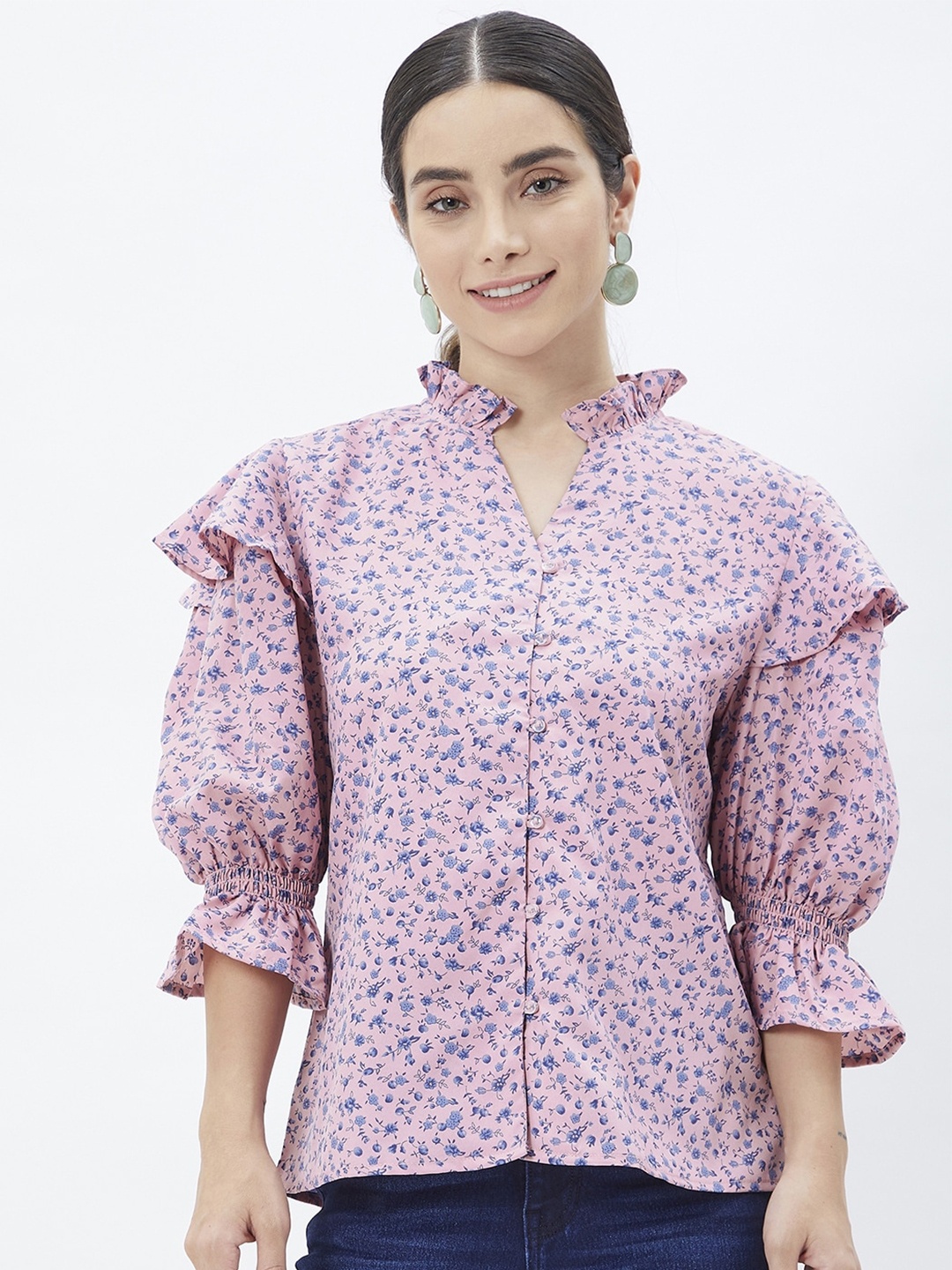 

Kibo Floral Print Mandarin Collar Crepe Shirt Style Top, Pink