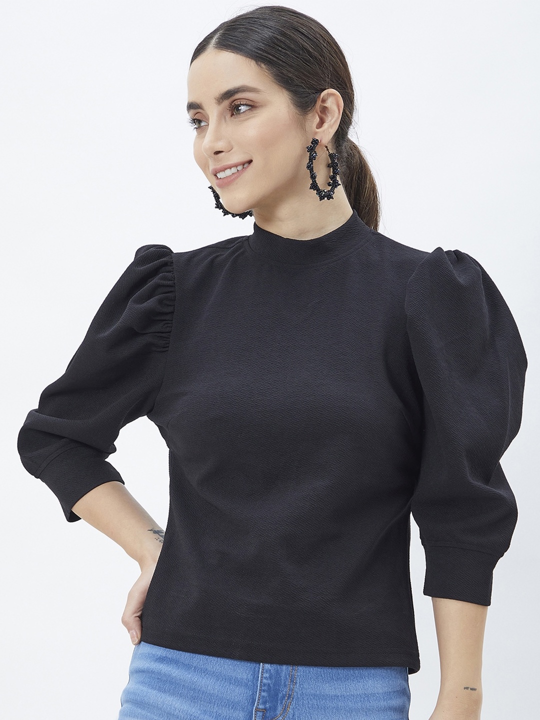 

Kibo High Neck Puff Sleeve Top, Black