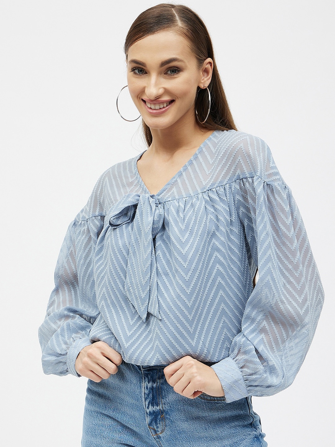 

Kibo Striped Tie-Up Neck Georgette Top, Blue