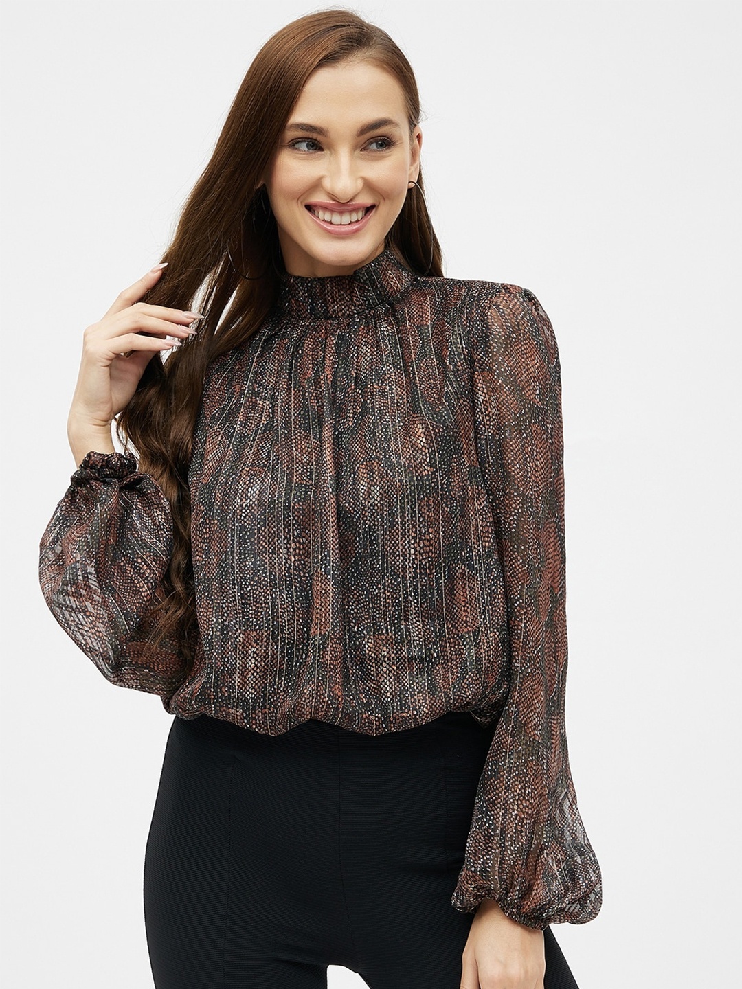 

Kibo Print Chiffon Blouson Top, Brown
