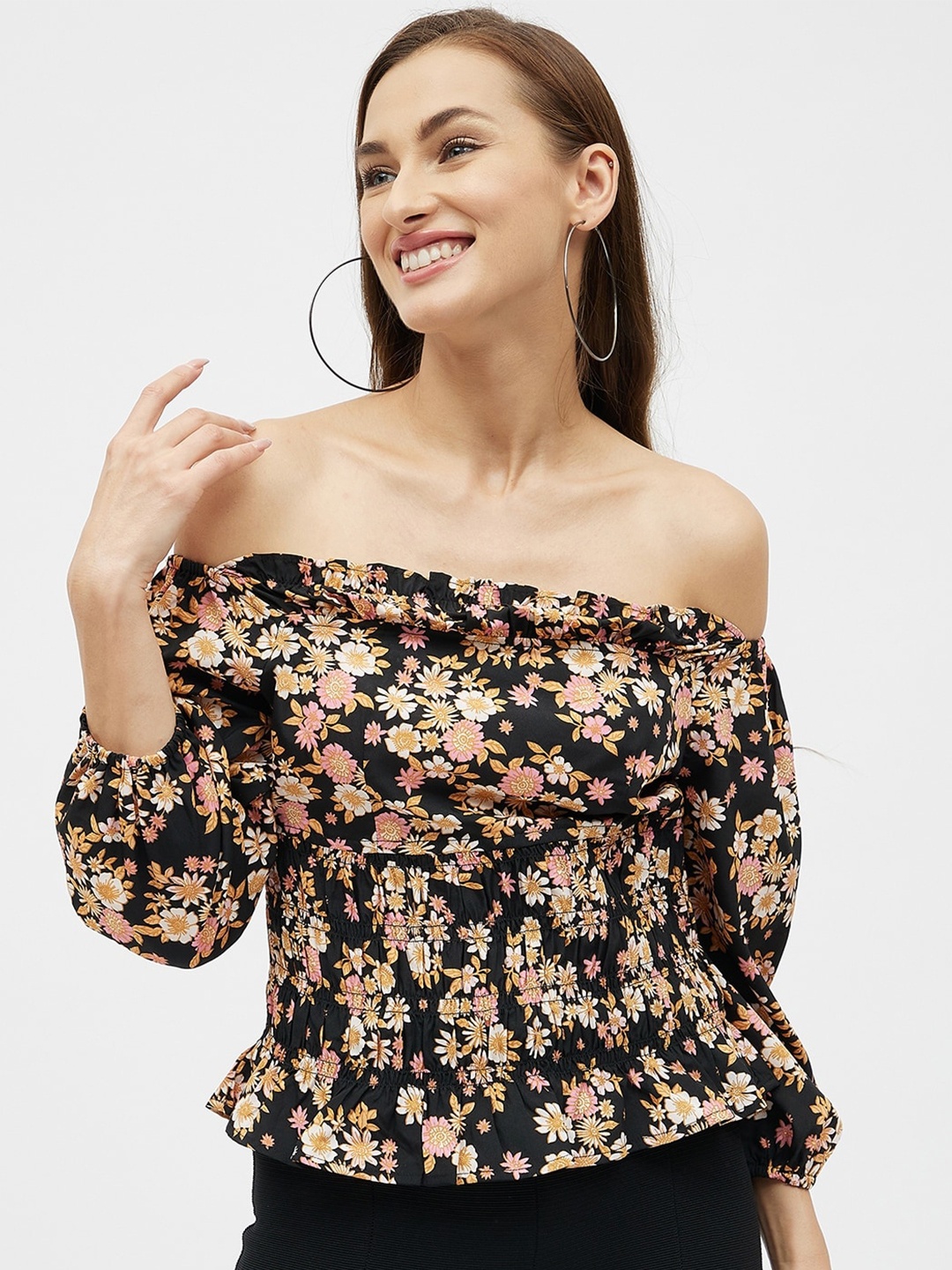 

Kibo Floral Print Off-Shoulder Crepe Bardot Top, Black