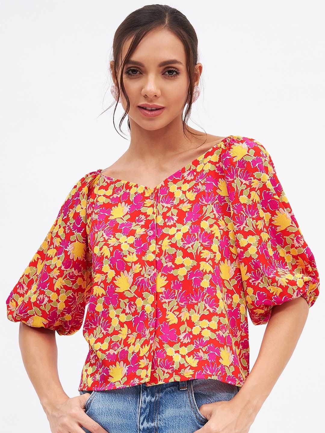 

Kibo Floral Print Sweetheart Neck Crepe Top, Pink