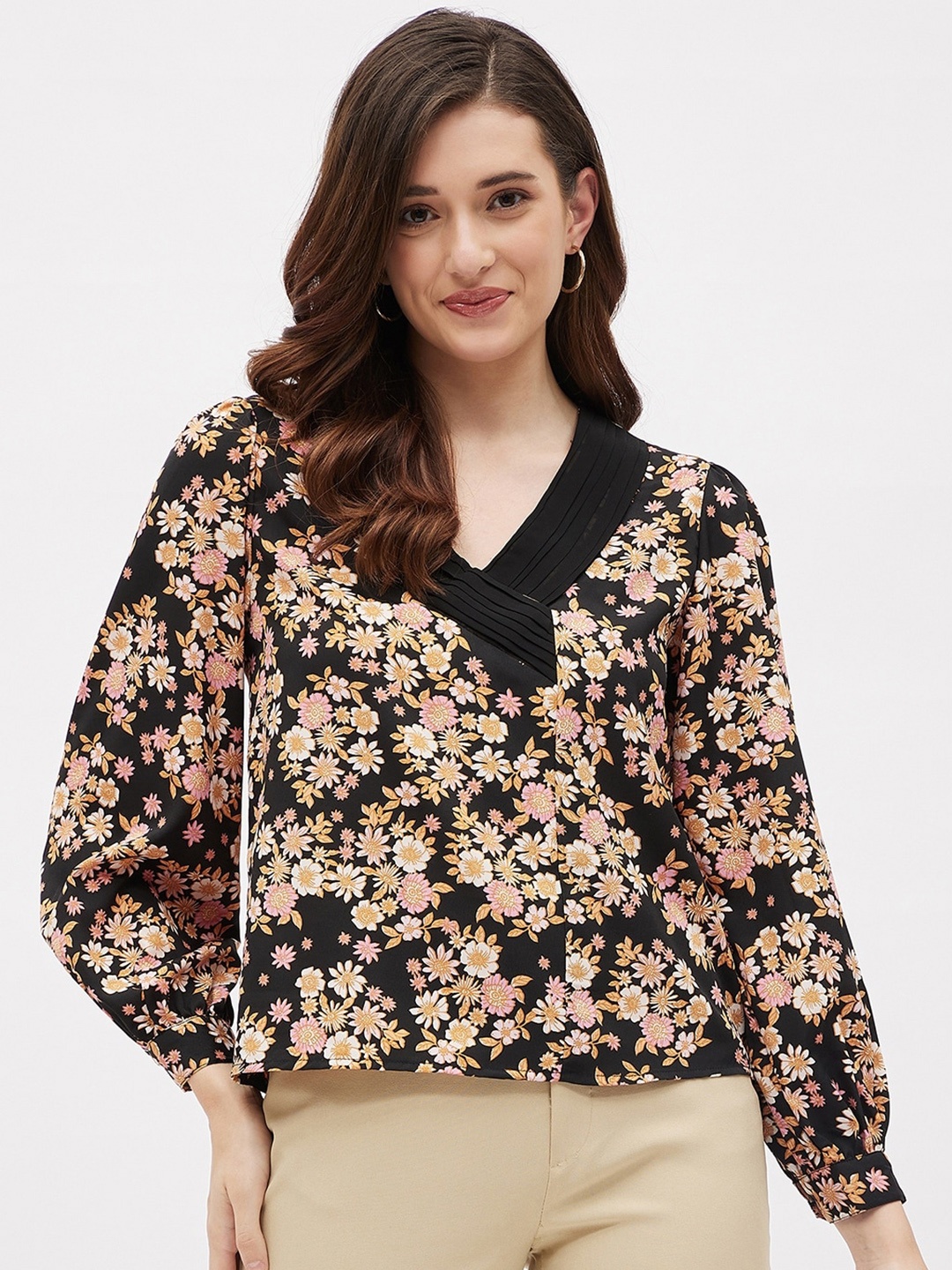 

Kibo Floral Print Crepe Wrap Top, Black
