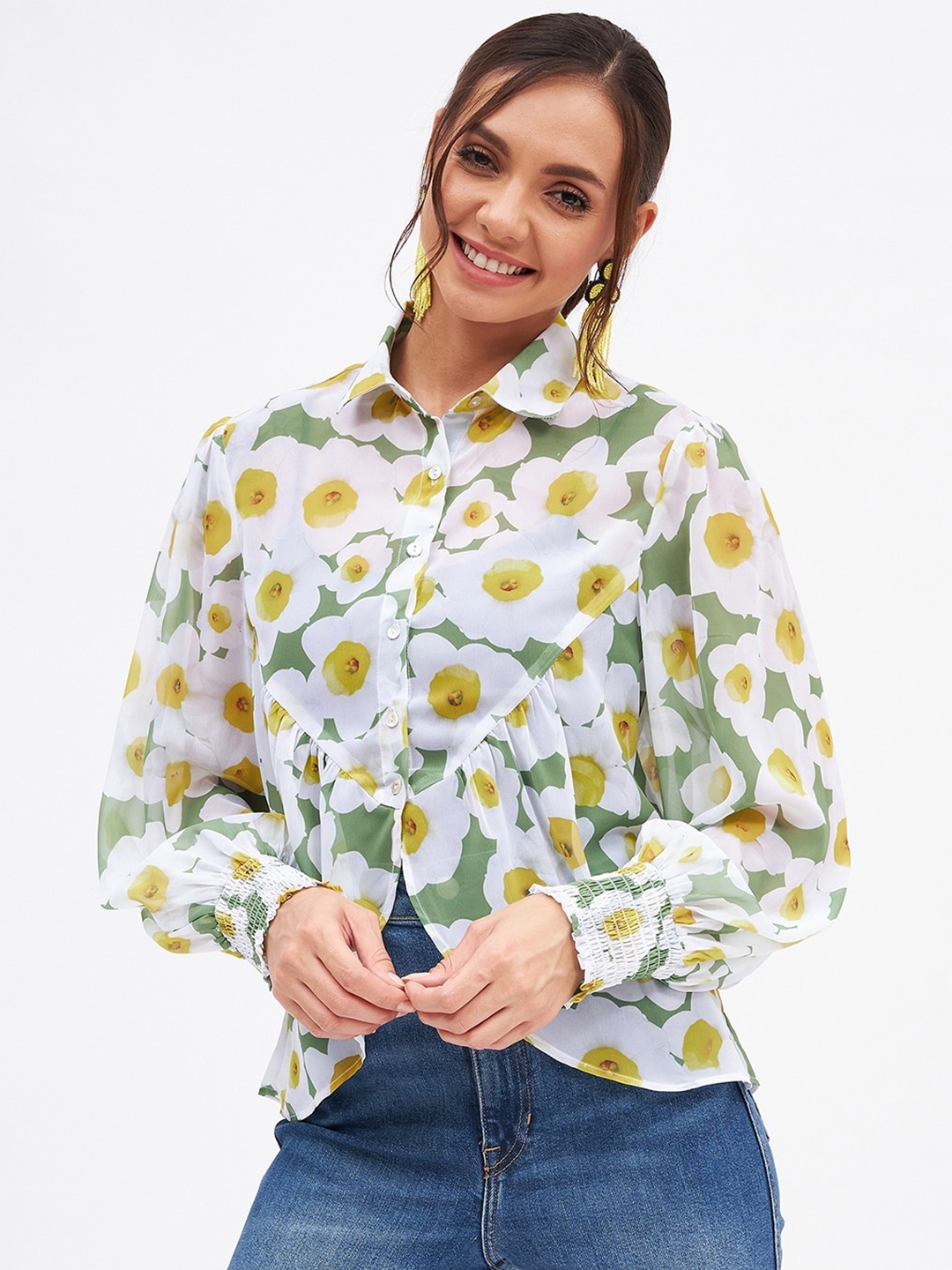 

Kibo Floral Print Georgette Shirt Style Top, White