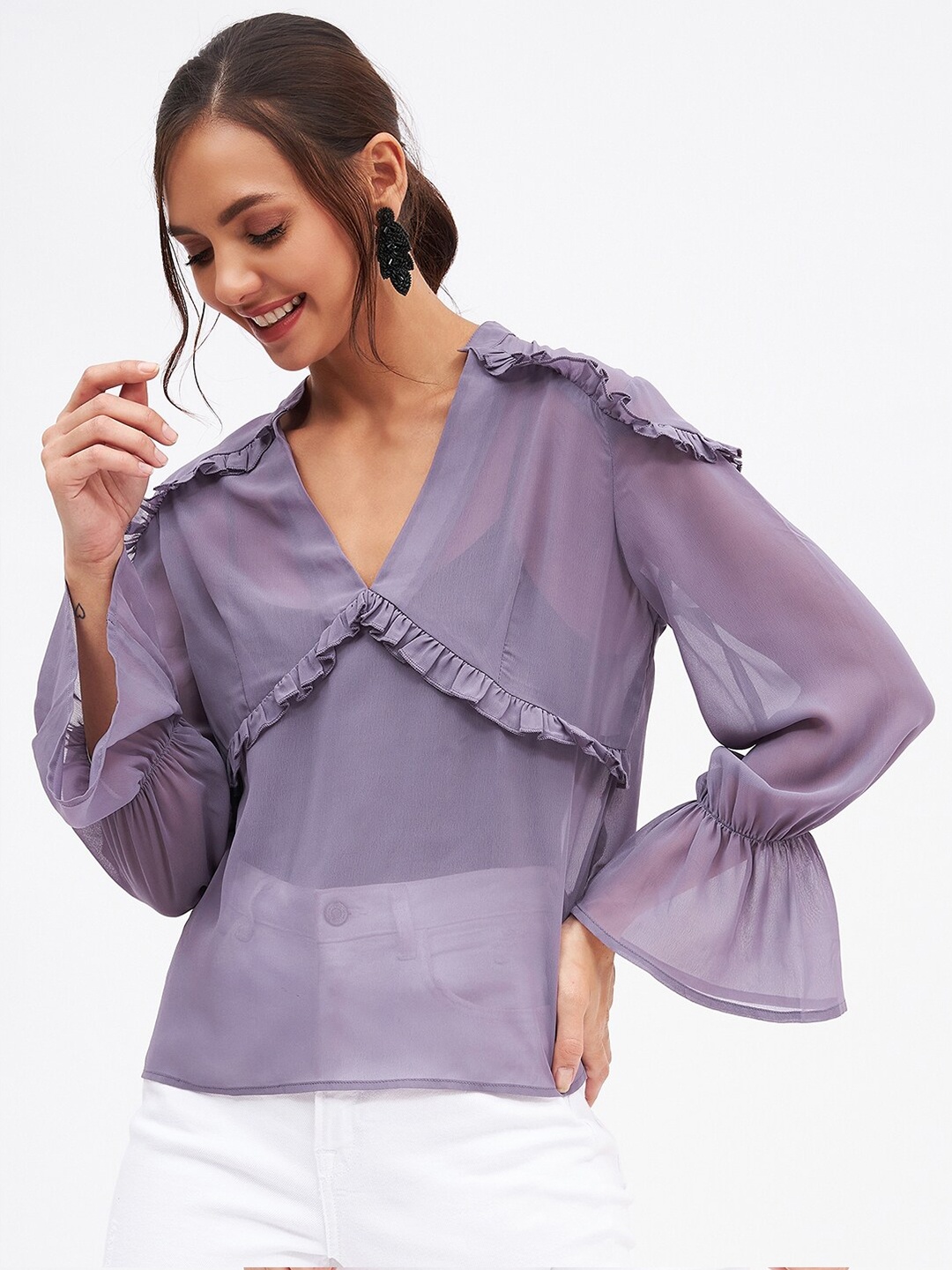 

Kibo Solid Ruffles Georgette Top, Purple