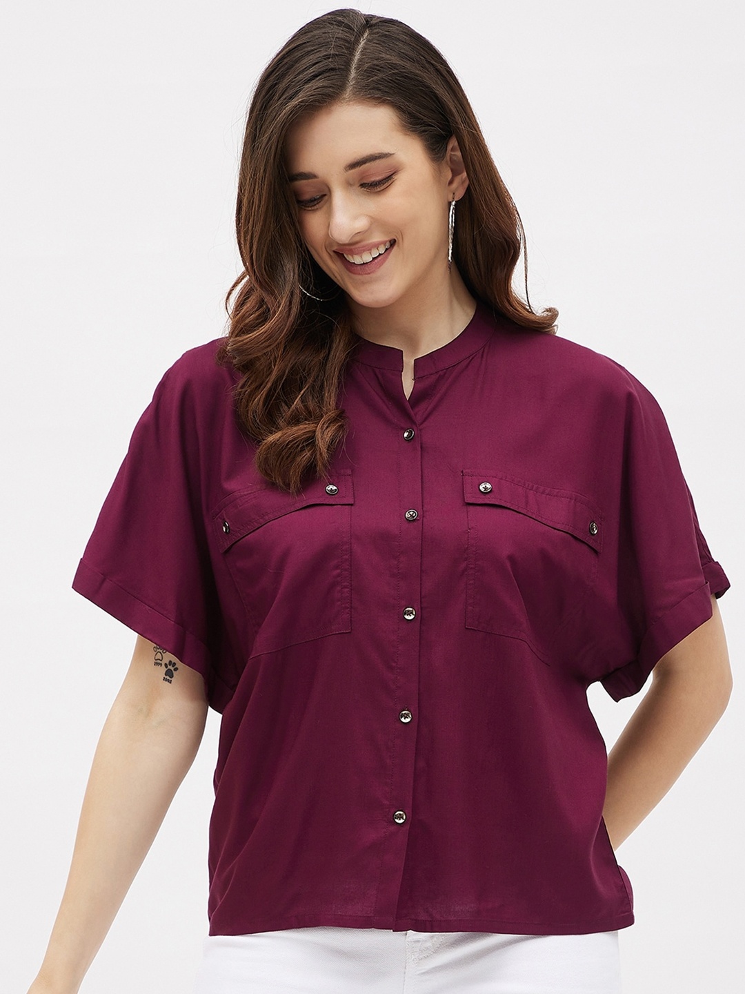 

Kibo Mandarin Collar Extended Sleeves Shirt Style Top, Maroon