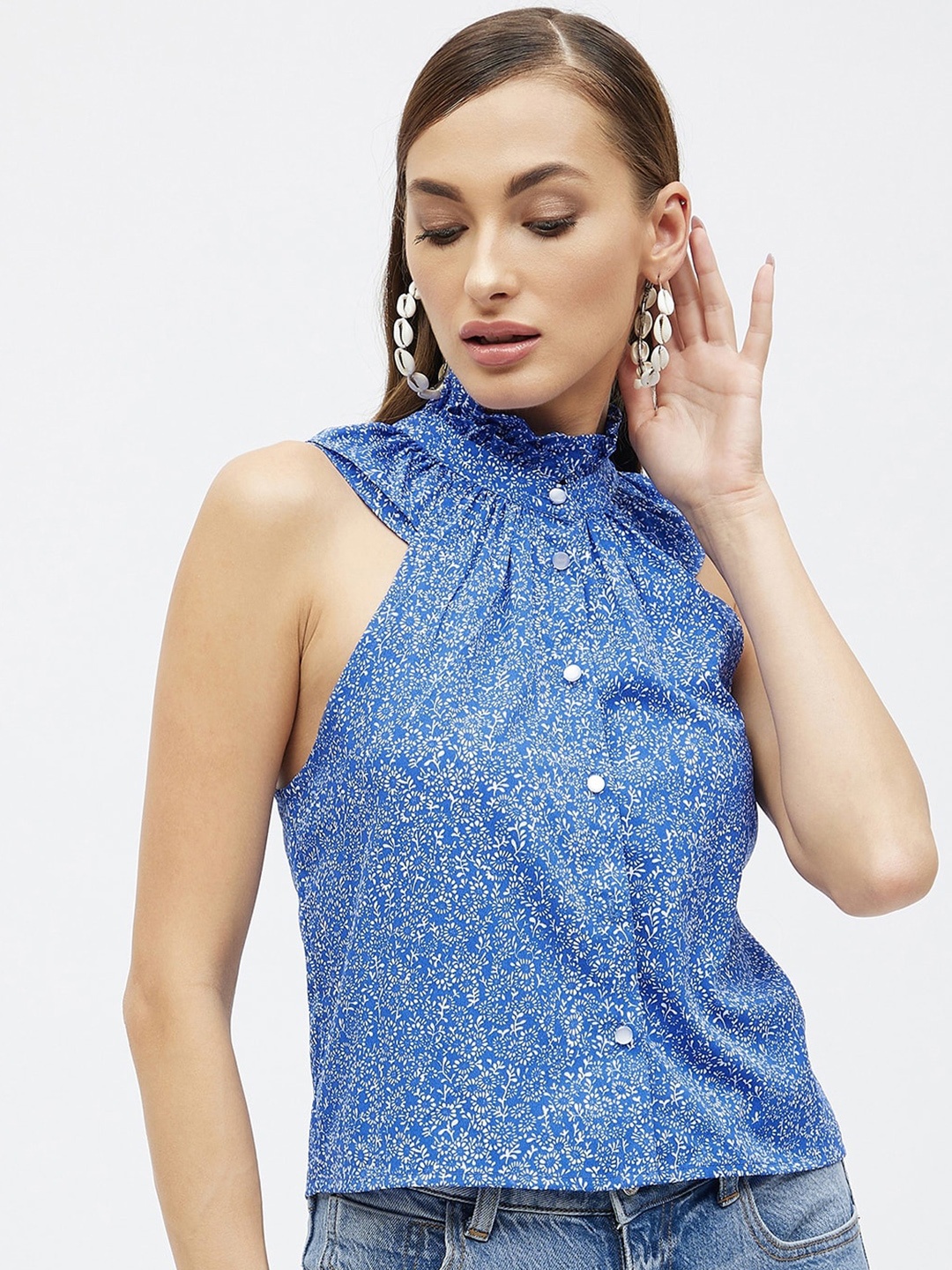 

Kibo Blue Floral Printed Crepe Halter Neck Top
