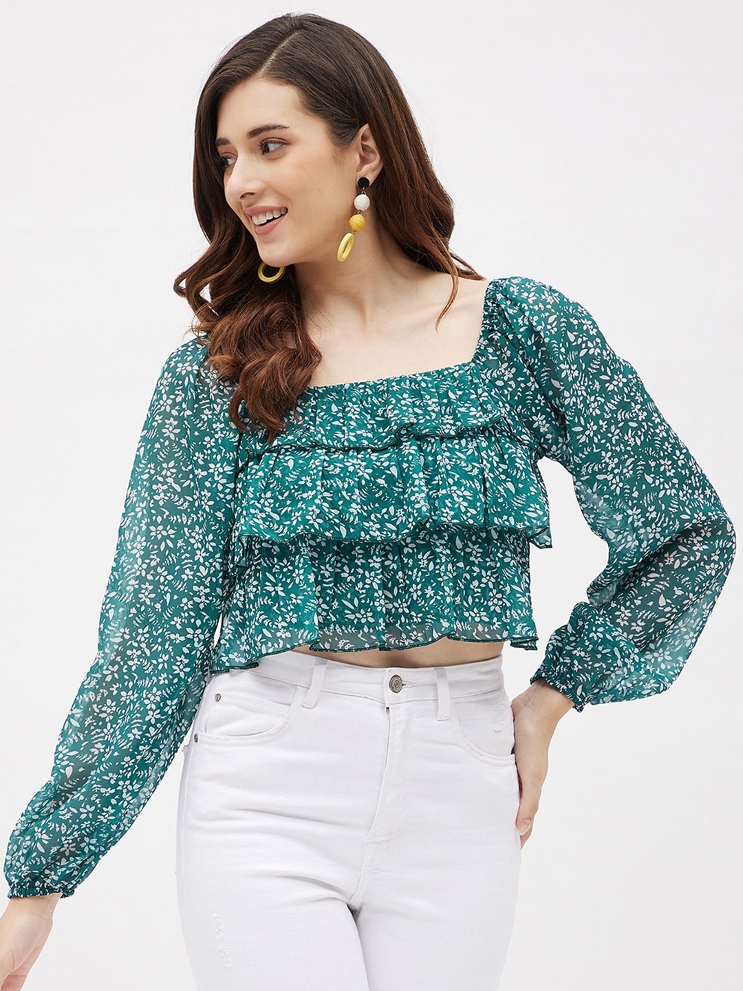 

Kibo Floral Printed Ruffles Georgette Tiered Crop Top, Green