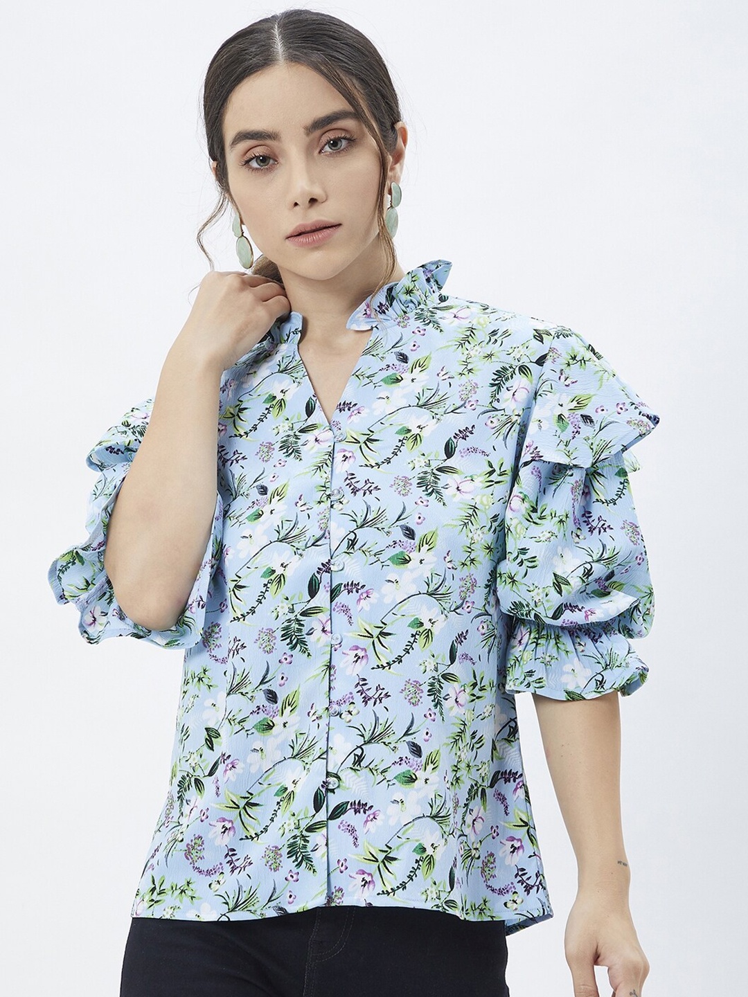 

Kibo Floral Print Mandarin Collar Crepe Shirt Style Top, Blue