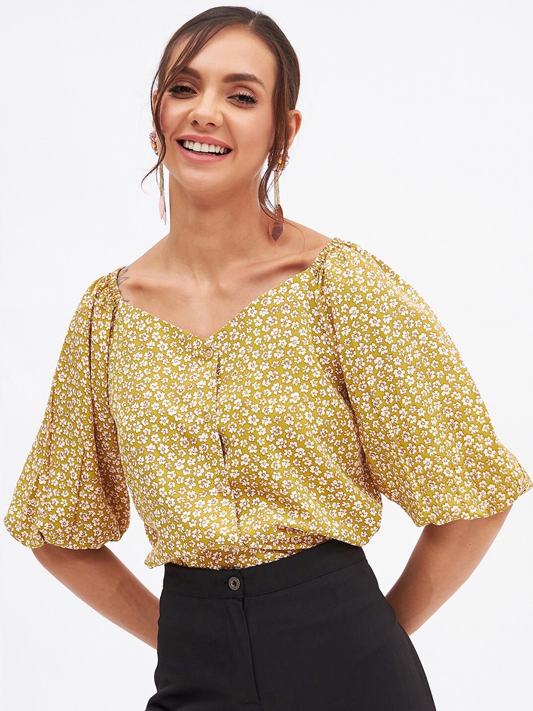

Kibo Floral Print Sweetheart Neck Crepe Top, Mustard