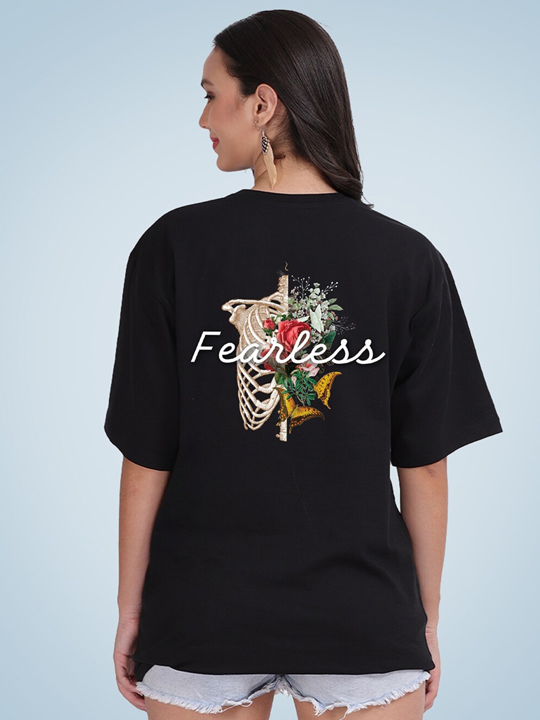 

Mad Over Print Women Printed Loose Cotton T-shirt, Black