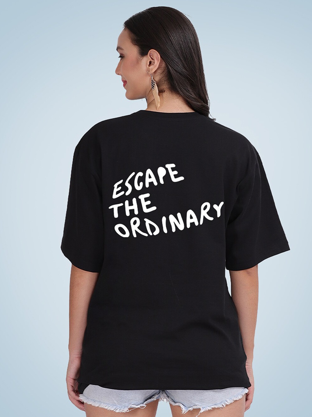 

Mad Over Print Women Typography Printed Monochrome Loose Cotton T-shirt, Black