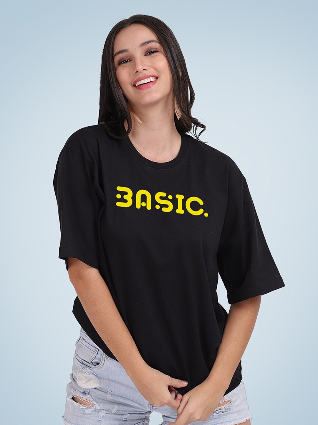 

Mad Over Print Women Typography Printed Loose Cotton T-shirt, Black