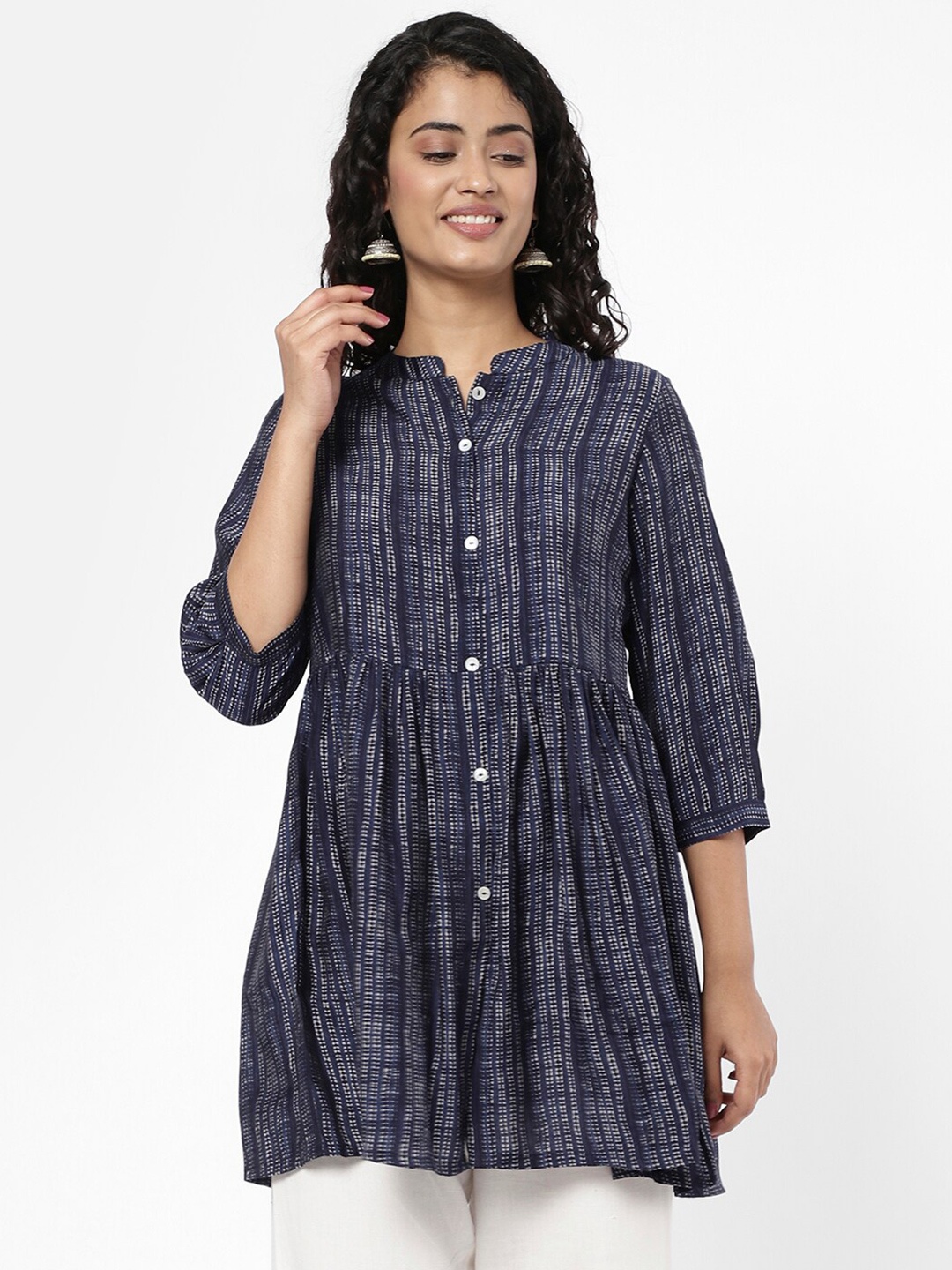 

R&B Print Mandarin Collar Shirt Style Longline Top, Blue