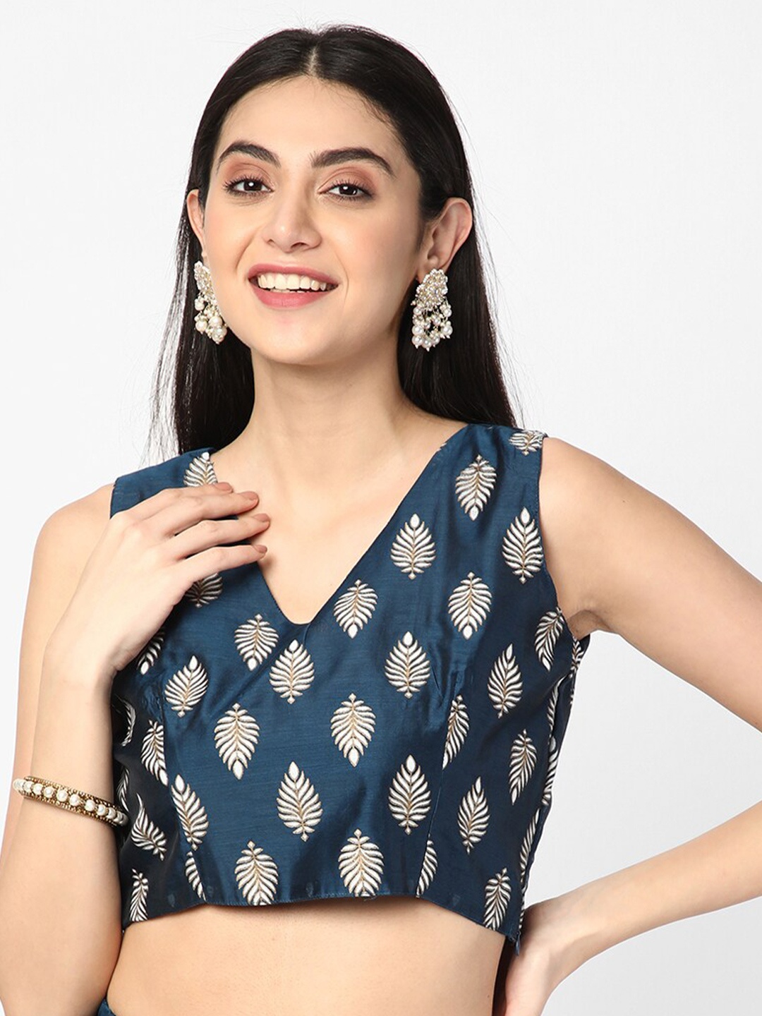 

R&B Ethnic Motif Print V-Neck Crop Top, Blue