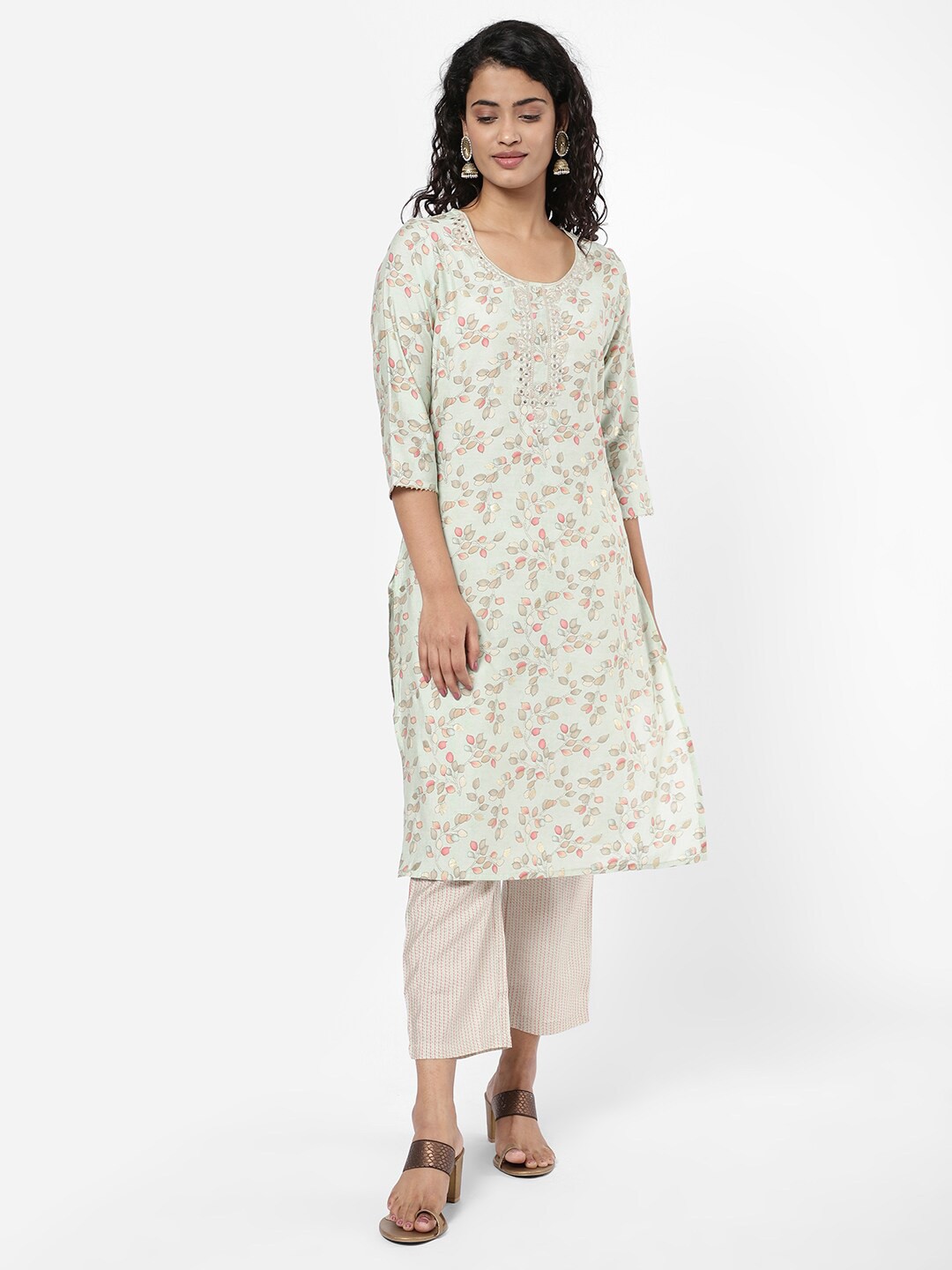 

R&B Women Floral Printed Mirror Work Kurta with Palazzos, Green