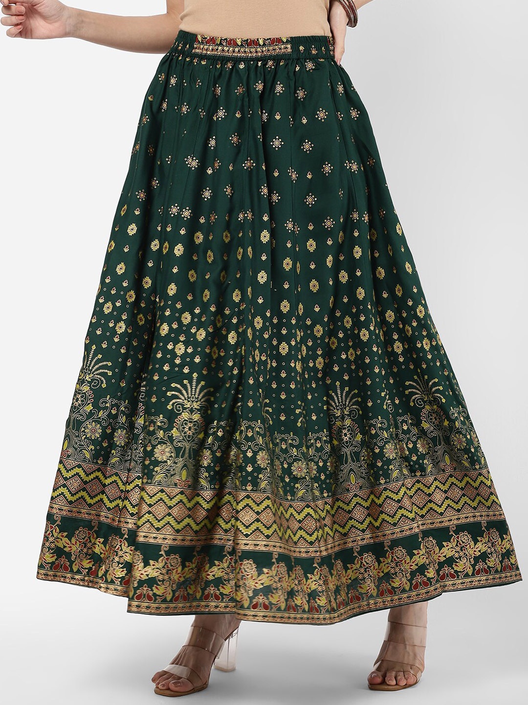 

R&B Printed Maxi Flared Ethnic Skirt, Green