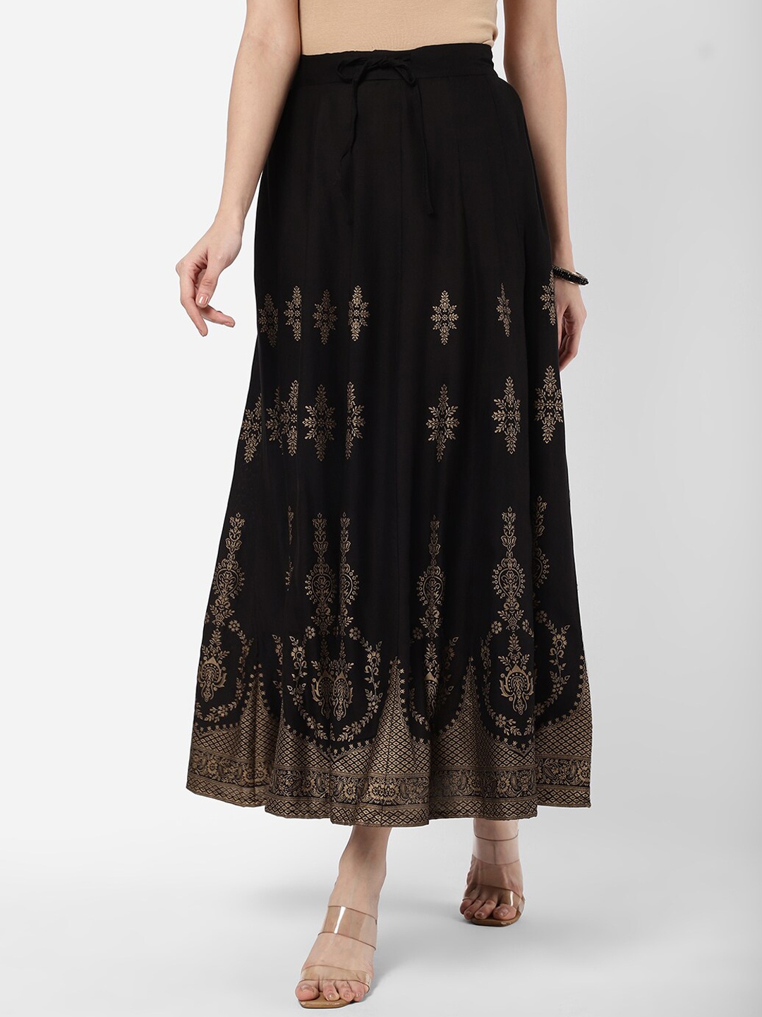 

R&B Ethnic Motifs Printed Flared Maxi Ethnic Skirt, Black