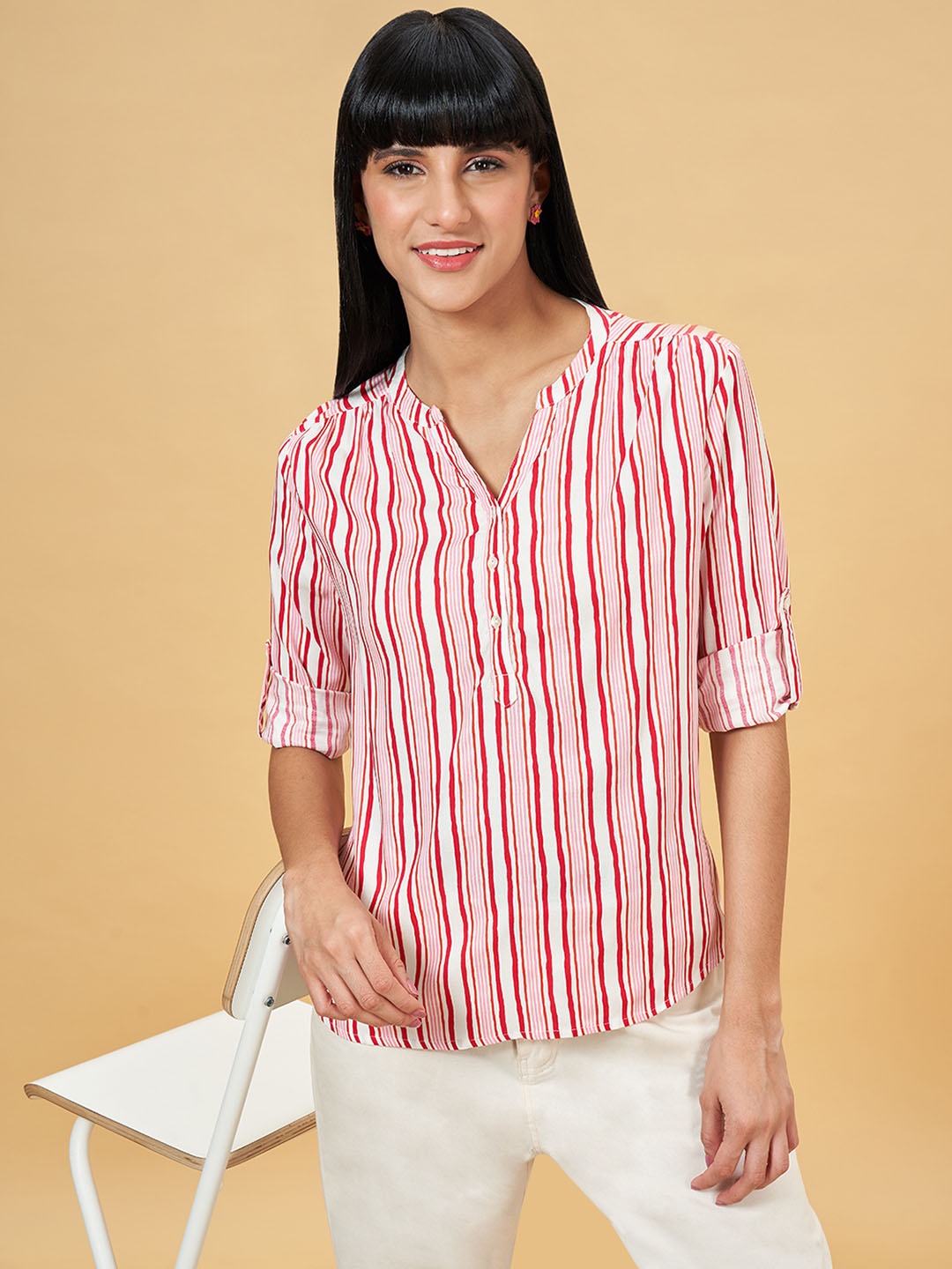 

Honey by Pantaloons Striped Mandarin Collar Roll-Up Sleeves Top, White